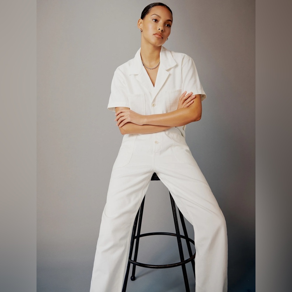 reformation morgan twill jumpsuit in white